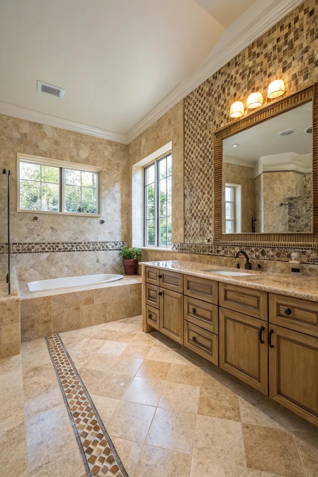 A travertine bathroom highlighting a beautiful mosaic tile accent wall.