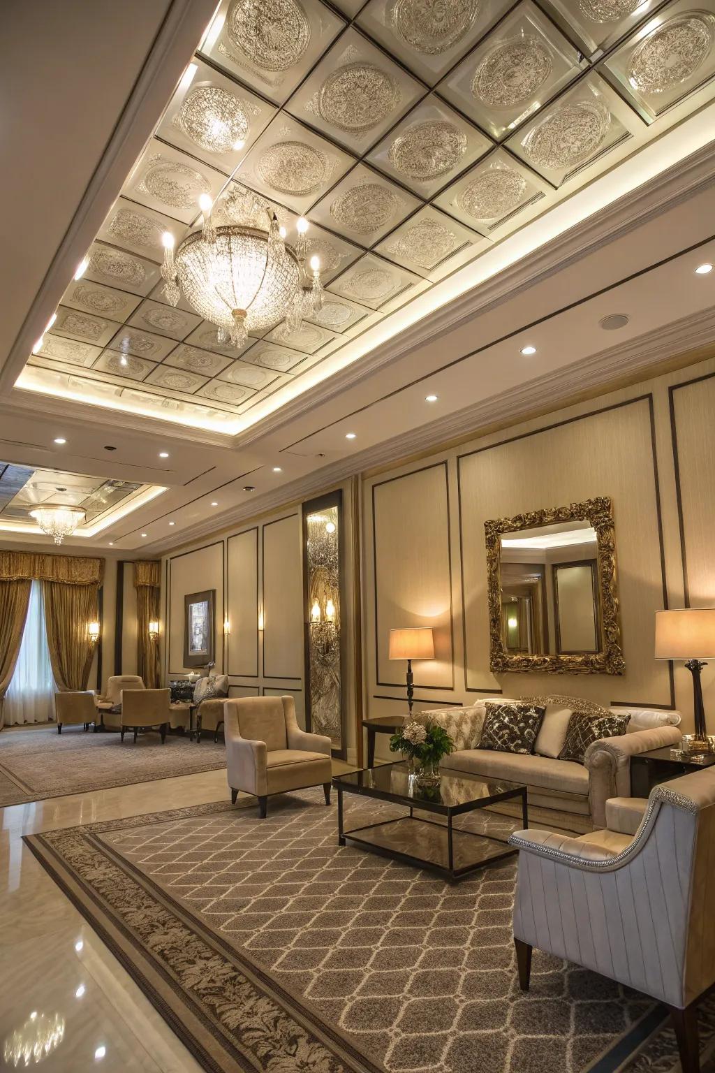 An elegant room with a tray ceiling featuring mirrored panels.