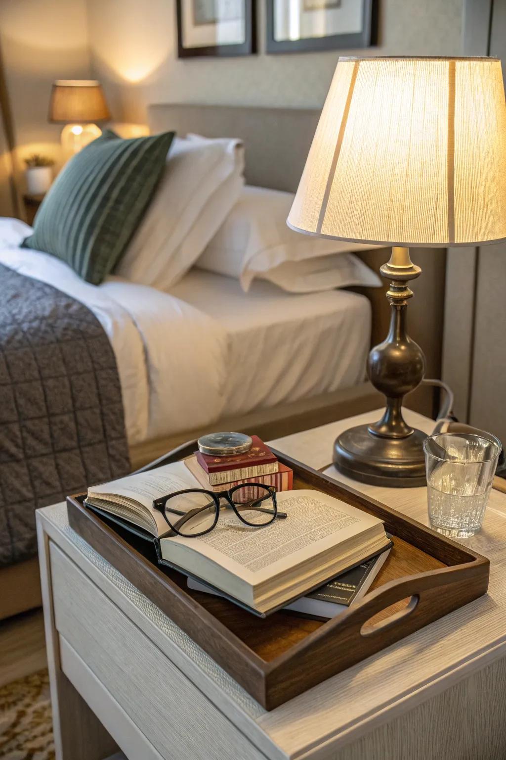 A cozy bedroom end table featuring a stylish tray.