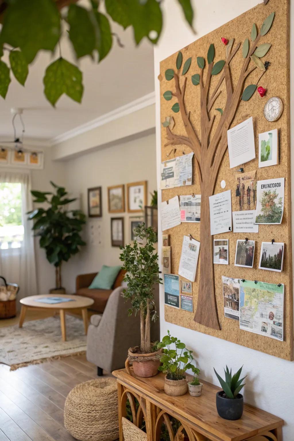 An eco-conscious tree bulletin board constructed from recycled materials.
