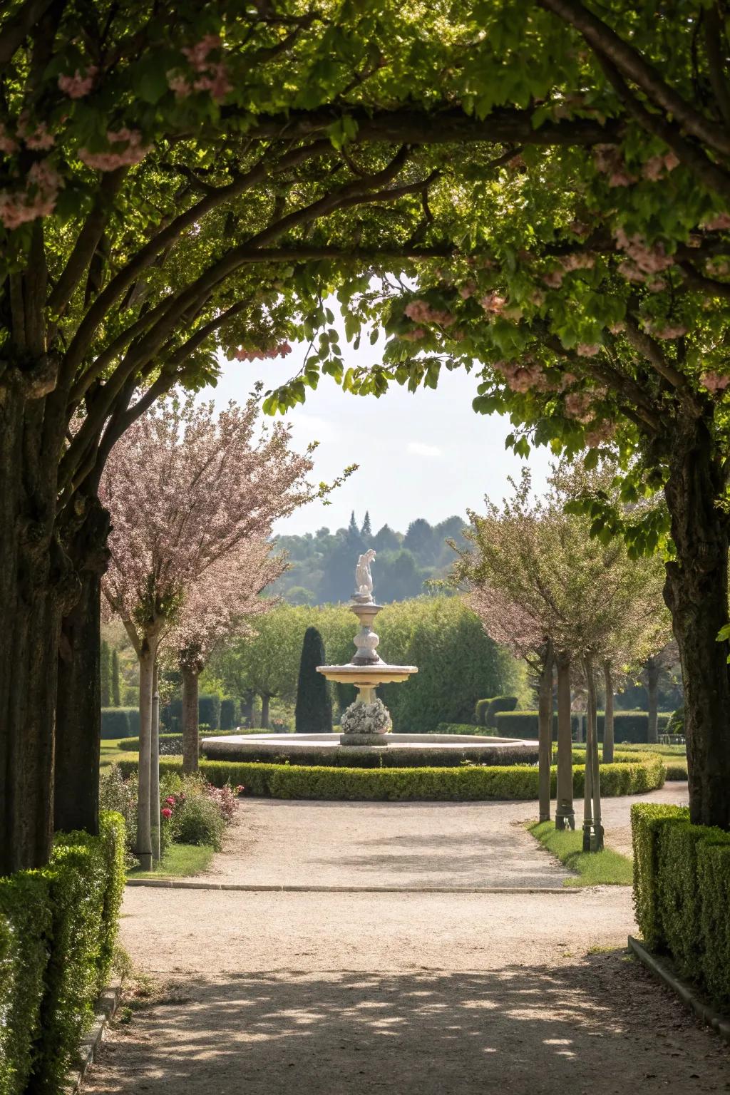 Highlight garden features by framing them with trees.