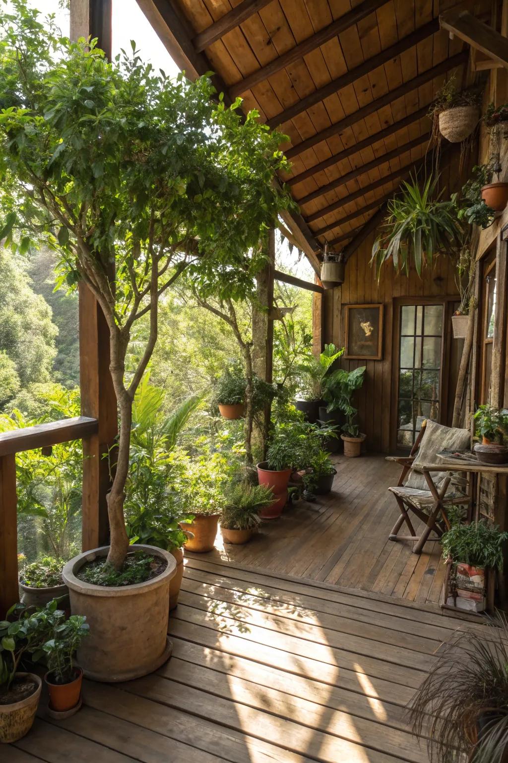An impression of nature in a treehouse, with potted flora and petite trees enhancing the inner space.