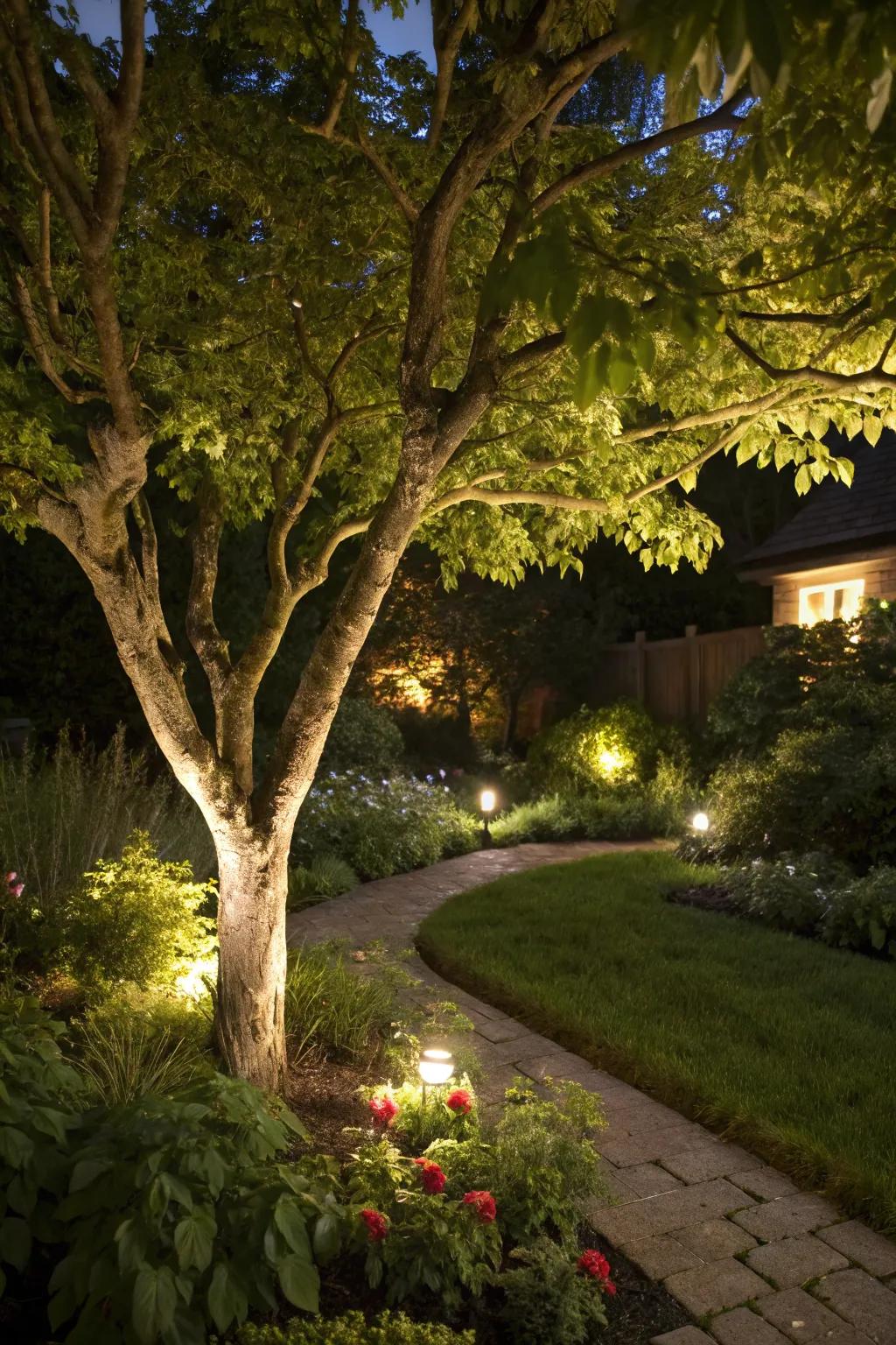 Hidden fixtures yield harmonious garden lighting.