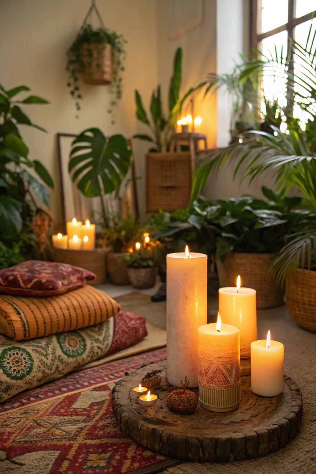 Tropical scented candles enhance the atmosphere.