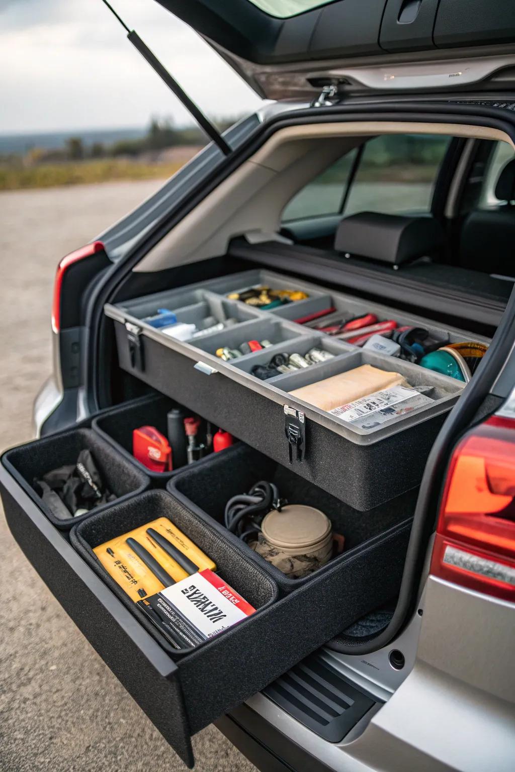 Modular drawer systems for organizing small items in the trunk.