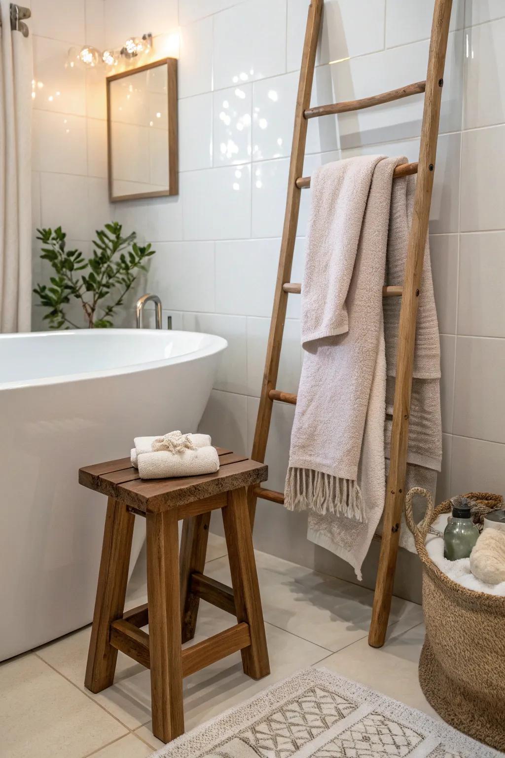 Practical additions like stools and towel racks make the tub area more convenient.