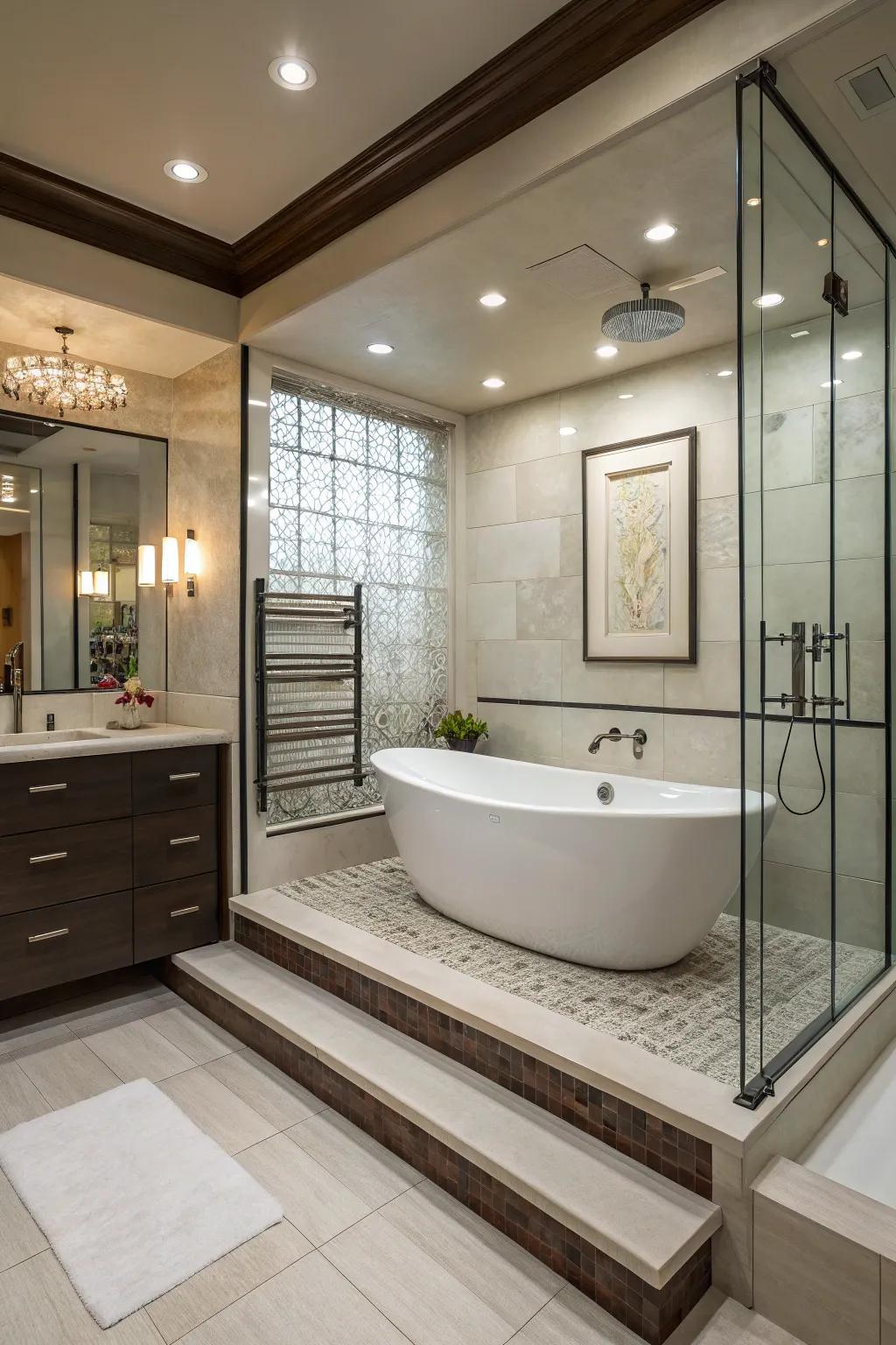 A raised platform elevates the tub as a focal point in this stylish bathroom.