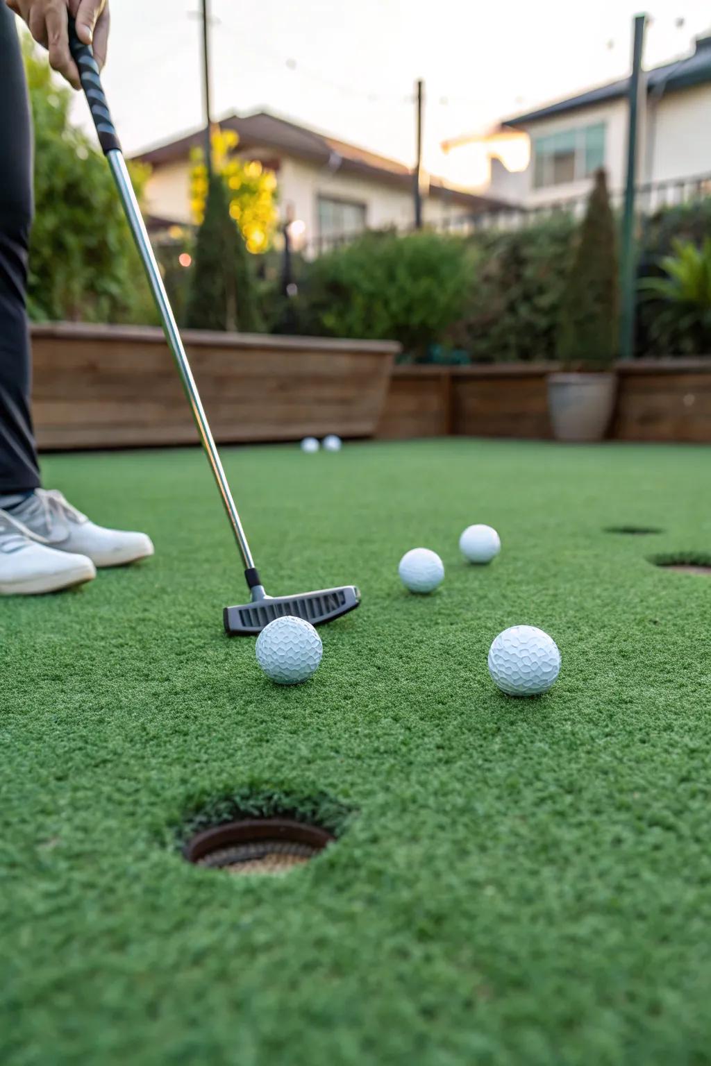 A delightful mini golf spot on <strong>faux grass</strong>.” loading=”lazy” class=”pimg”>
	</picture><figcaption>A delightful mini golf spot on <strong>faux grass</strong>.</figcaption></figure>
<p>Put together a mini <strong>putting green</strong> with <strong>faux grass</strong> for golf buffs. Practicing in our backyard has evolved into a delightful family pastime.</p>
<h3>Some handy options:</h3>
<ul class=