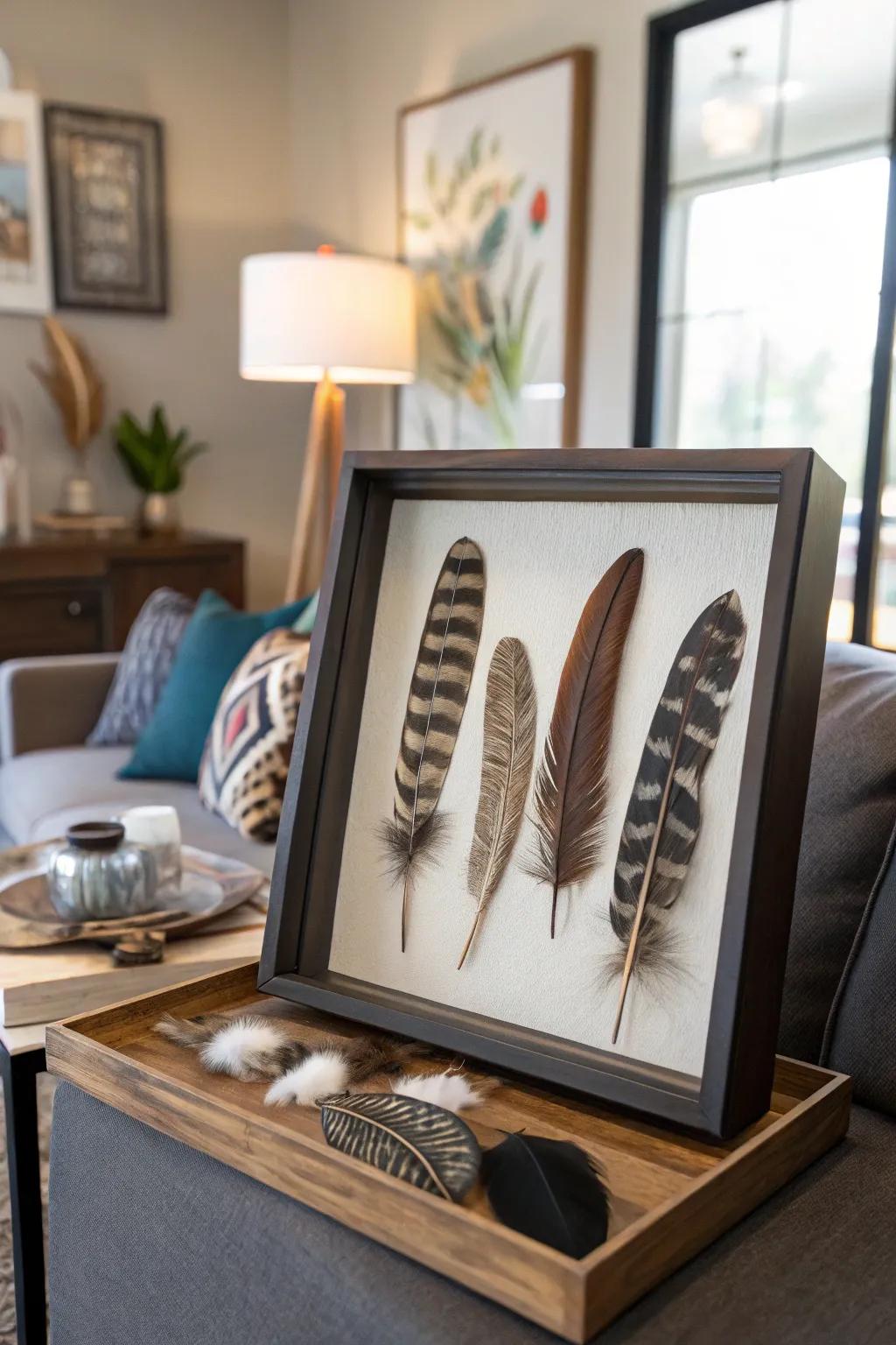 A fashionable display case presentation containing wildfowl hunting keepsakes.
