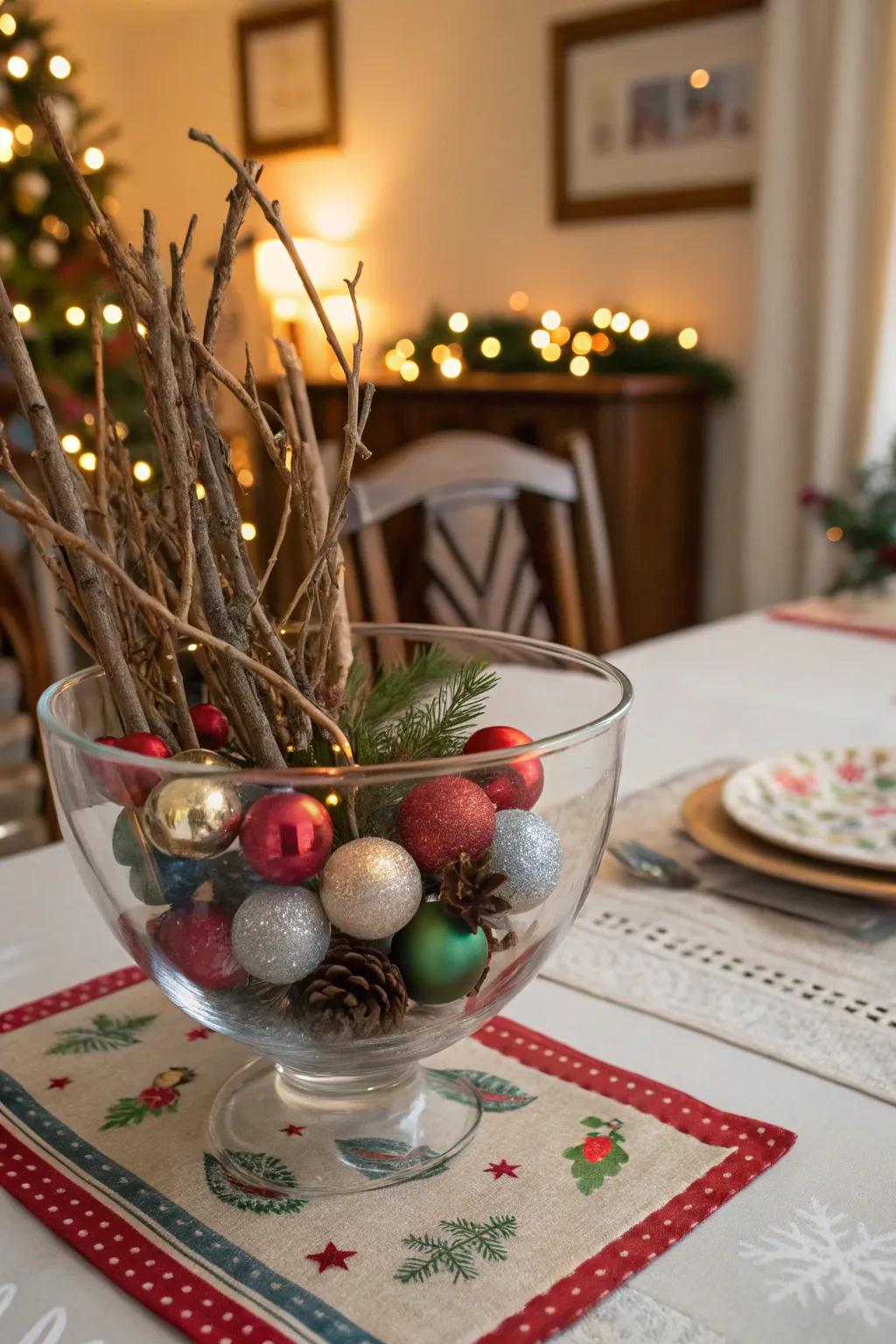 A festive arrangement of branches and ornaments.
