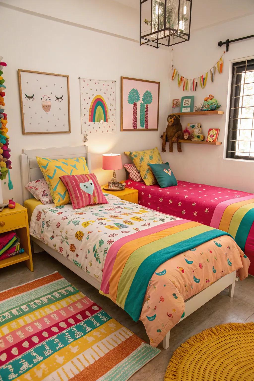 A pop of color brings vitality and energy to twin bed arrangements.