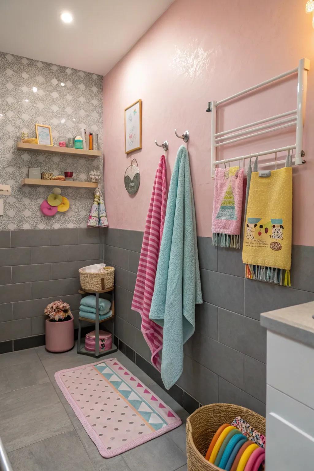 A fun pink and gray two-tone wall look that balances elegance and fun.