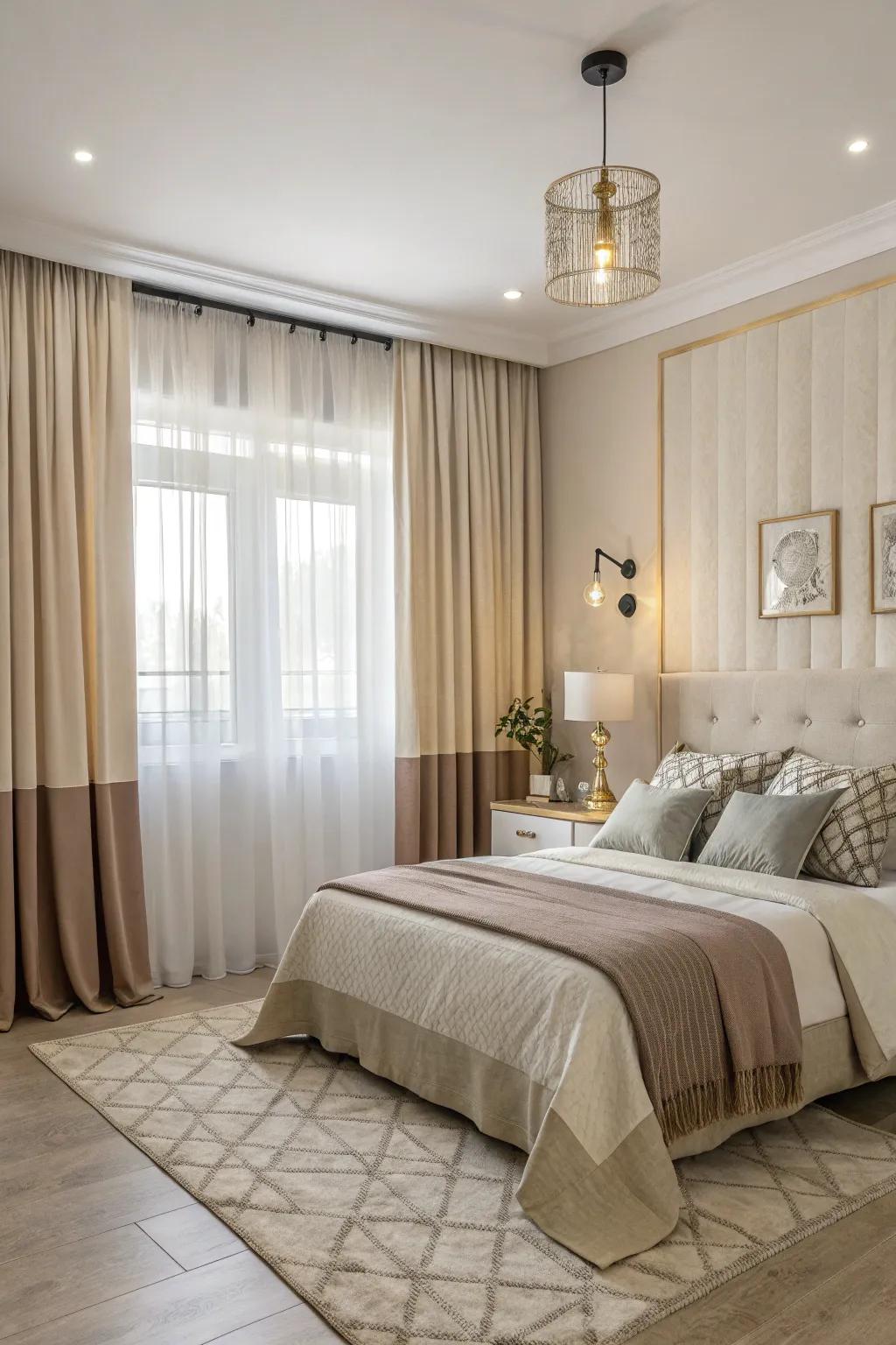 Duo-tone drapes perfectly complementing the decor in a stylish bedroom.
