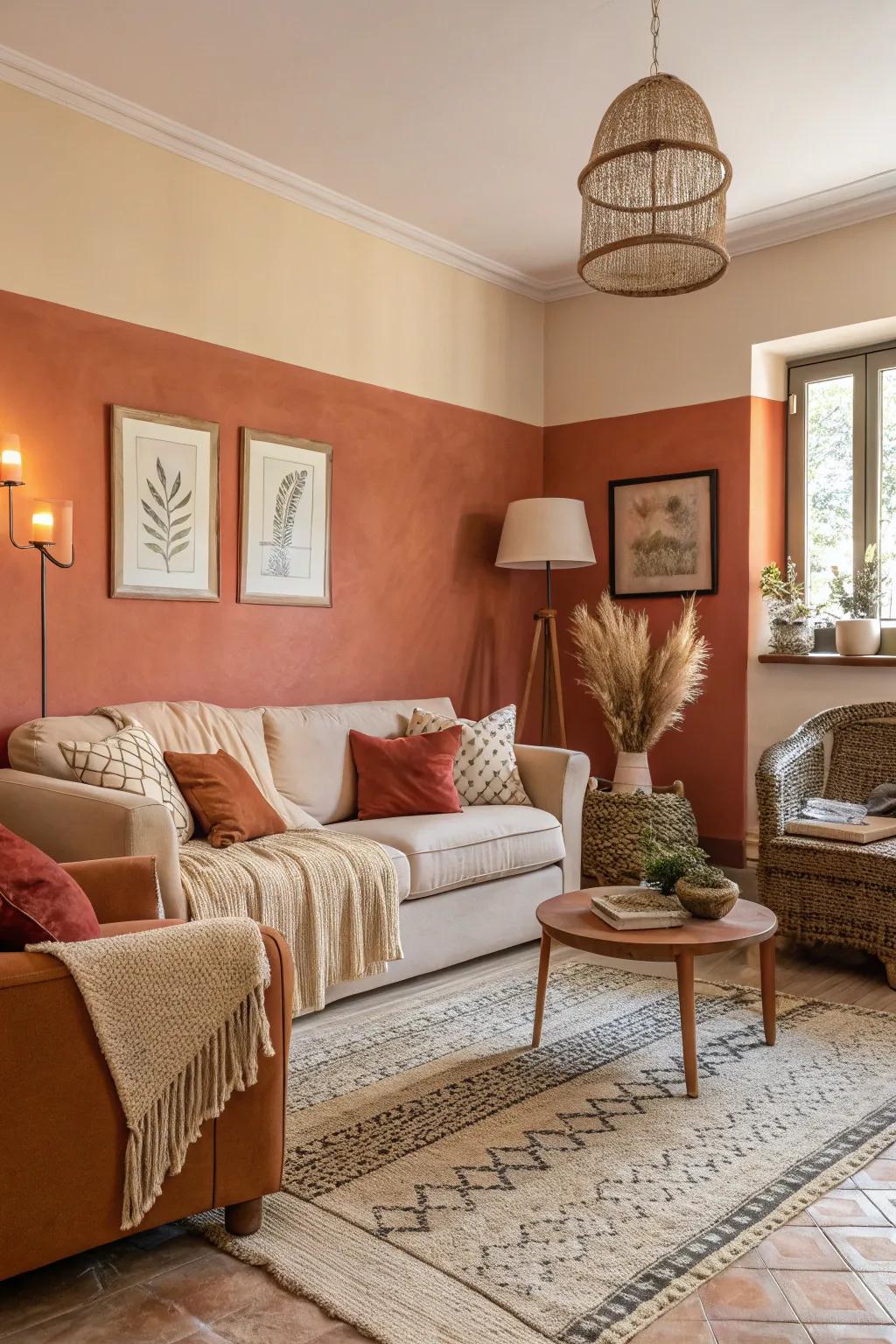 A warm lounge created with grounded terracotta and beige walls.