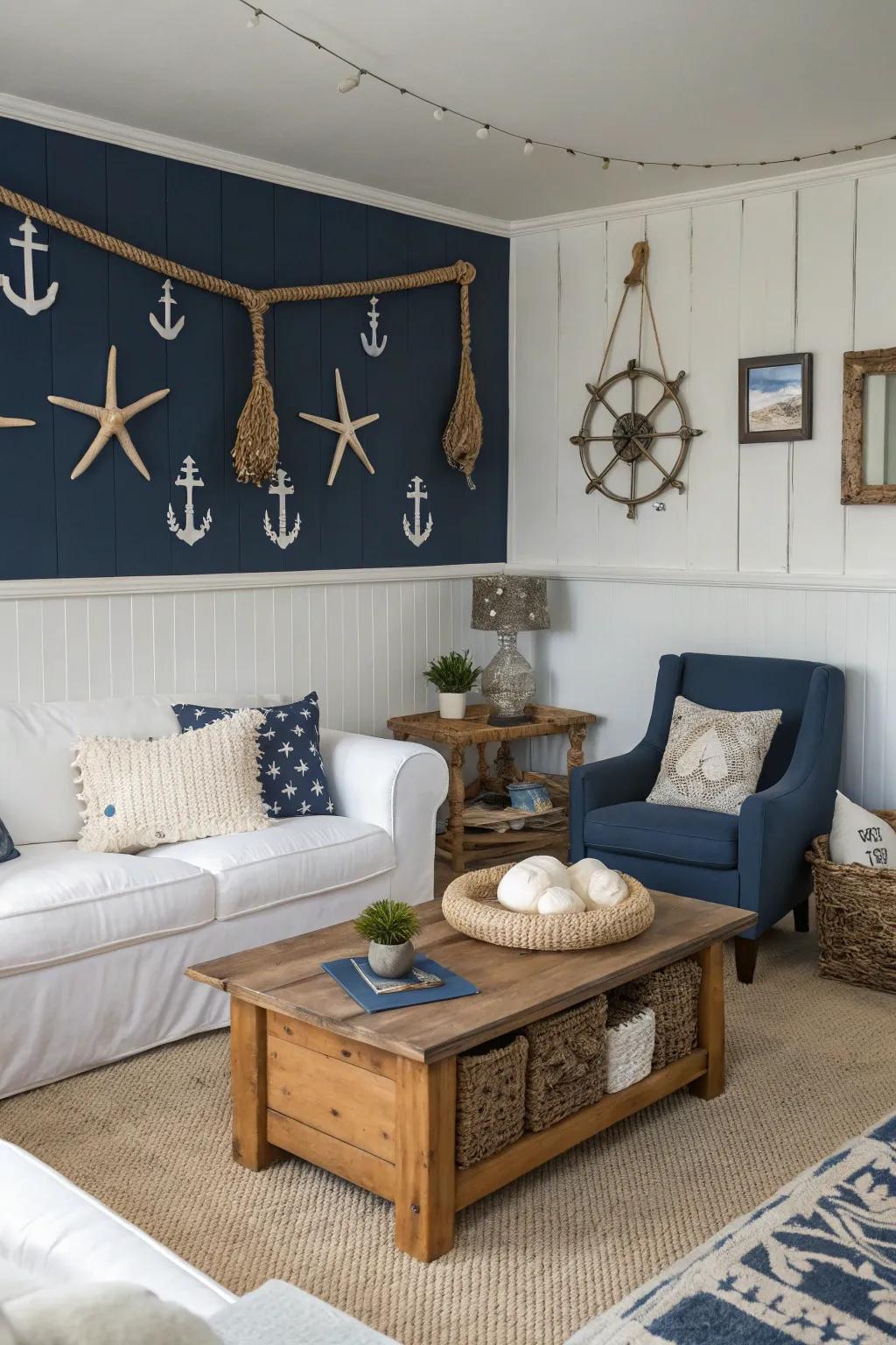 Ocean blue and snow white evoke calming coastal vibes.
