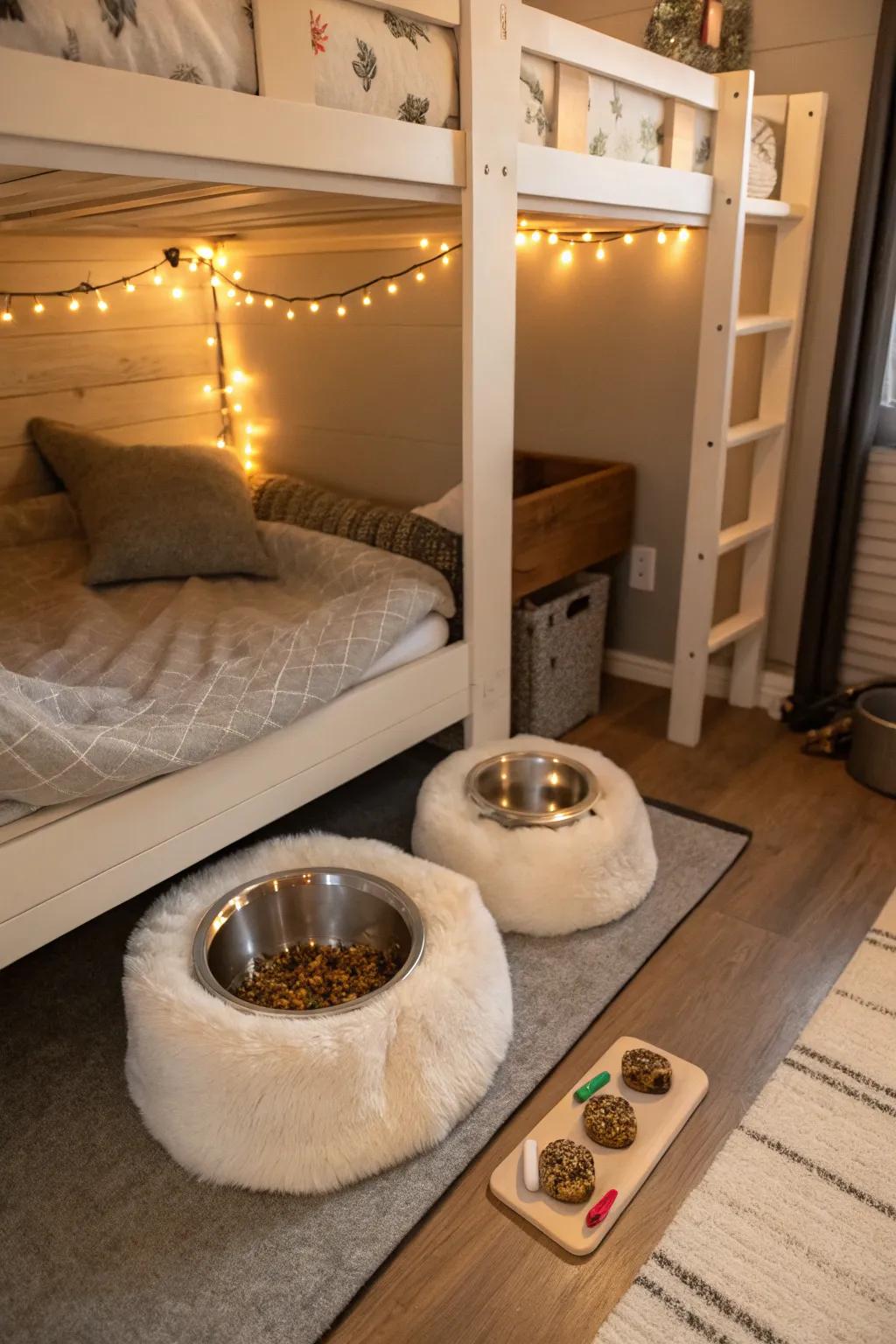 A cozy pet retreat under the bunk bed.