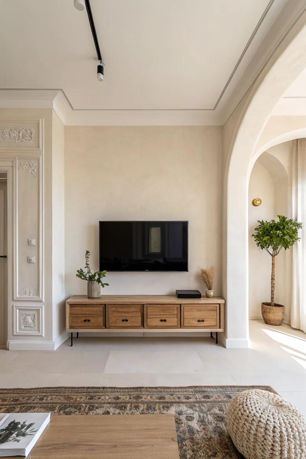 An uncluttered space beneath your TV emphasizes minimalist design.
