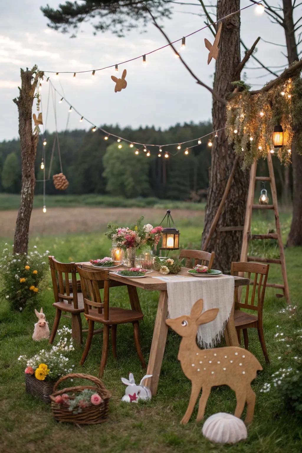 Immerse yourself in a whimsical woodland with enchanting rustic touches.