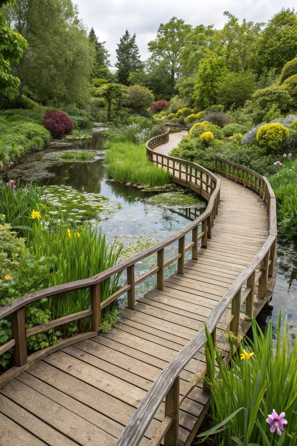 Boardwalk paths present a special way to cross damp or uneven garden spaces.