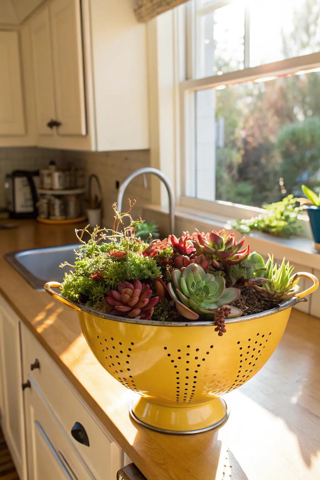 A metal colander emerges as a whimsical succulent planter, ideally situated for kitchens.