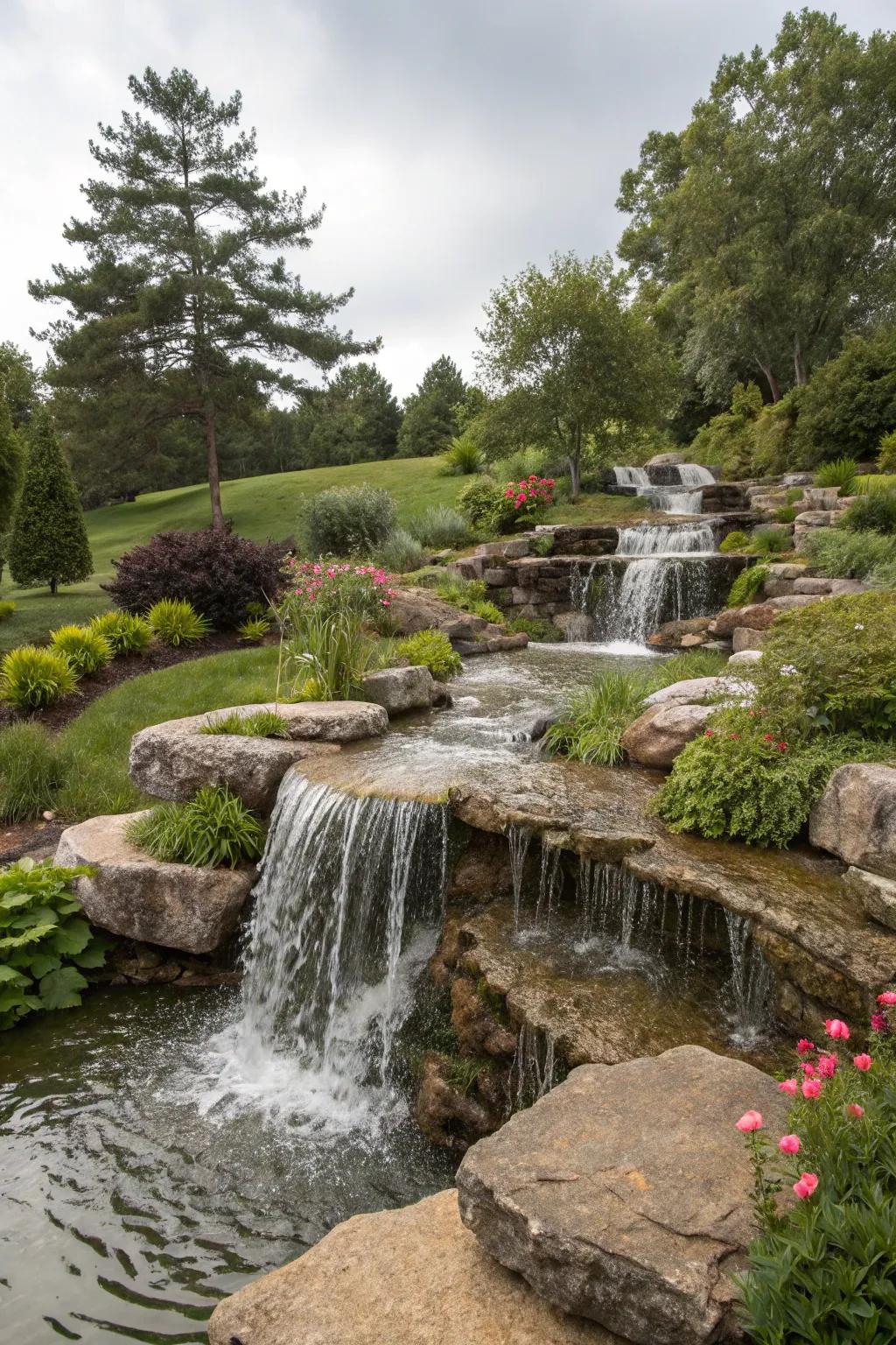 Tiered waterfalls introduce depth and drama to outdoor spaces.