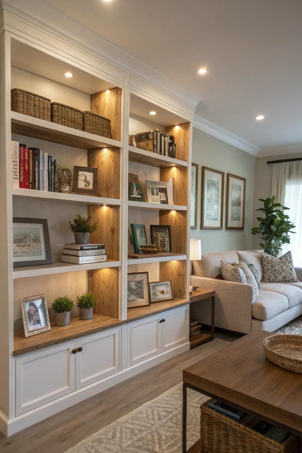 Open shelving provides decorative and practical storage.