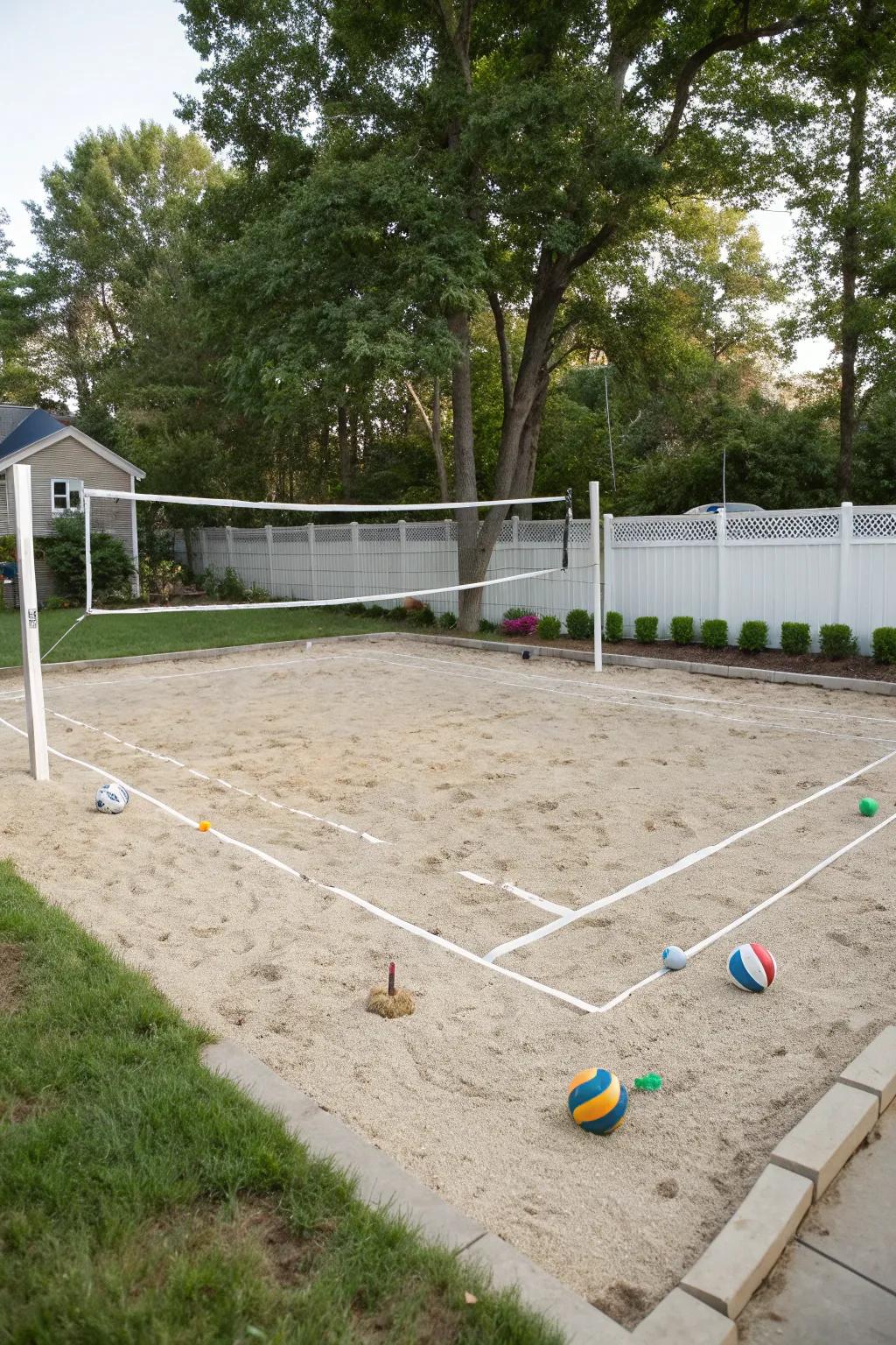 Stay energetic with a backyard sand volleyball zone.