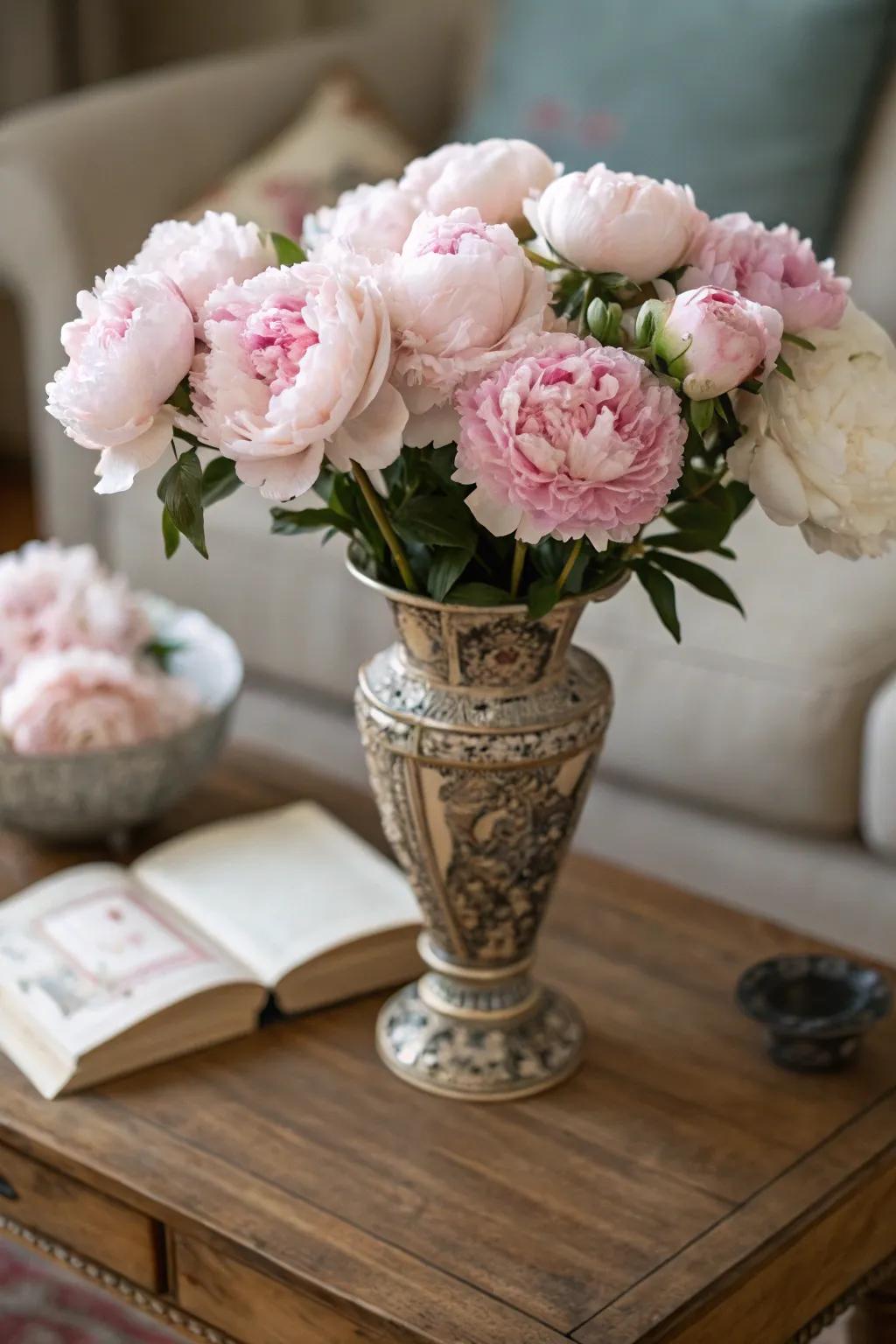 Elegant centerpiece with blush pink peonies