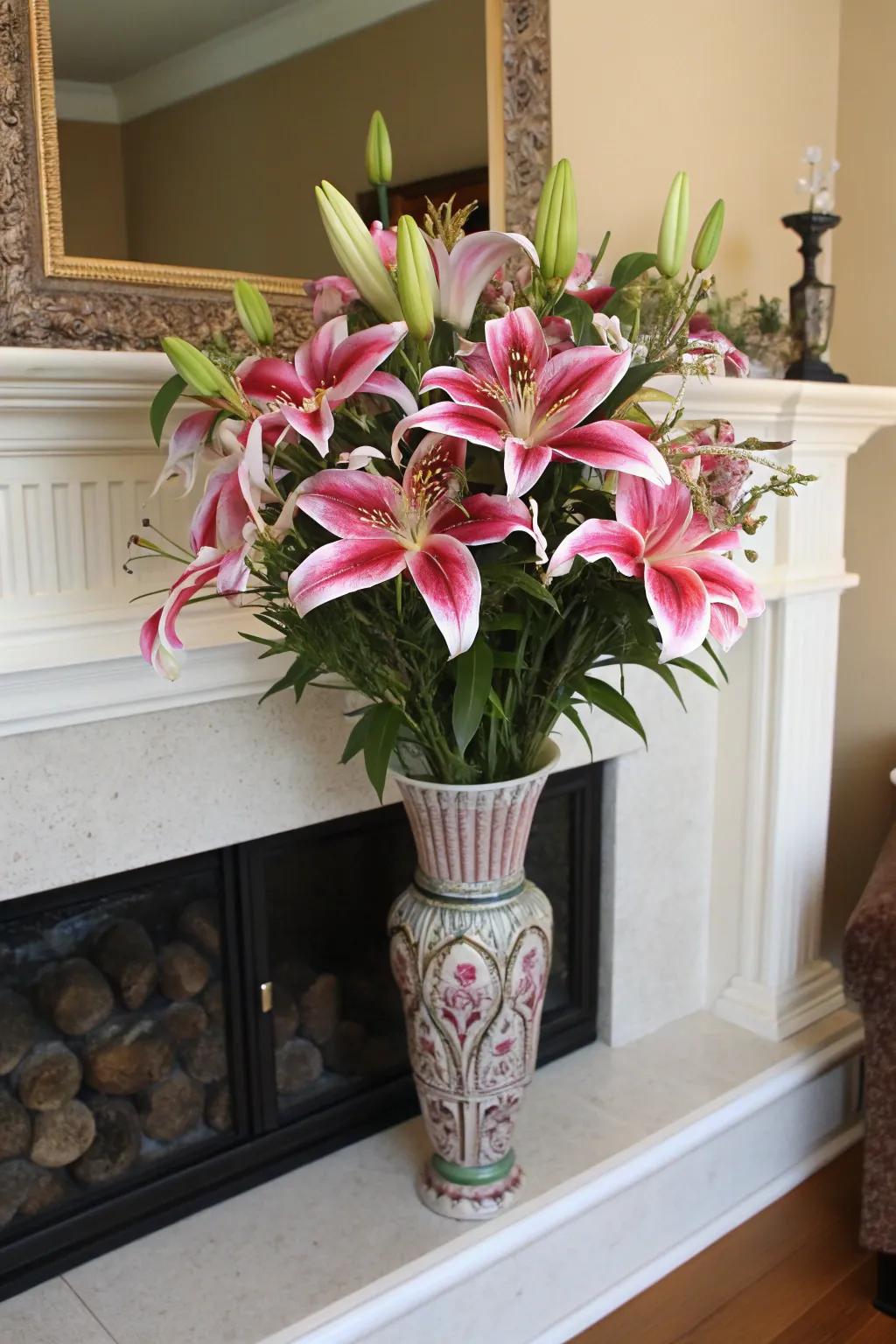 Dramatic stargazer lily bouquet creating a focal point.