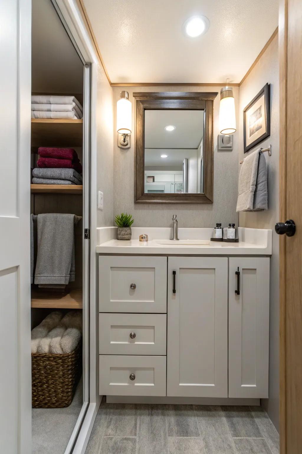 A compact vanity that optimally uses space in a small bathroom.