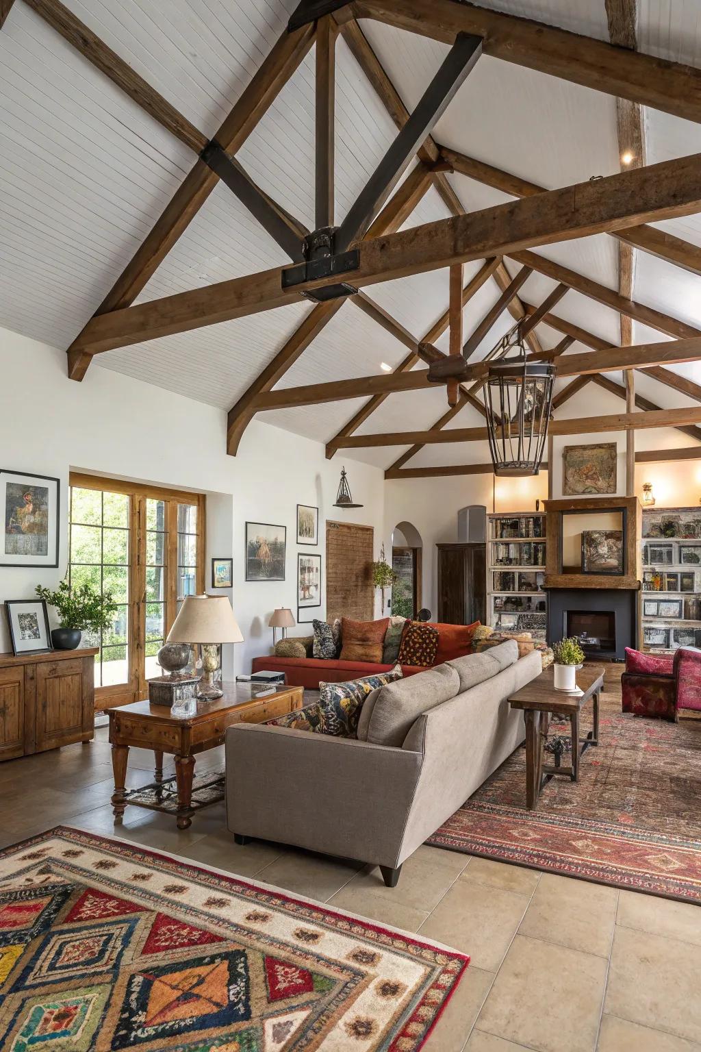 An eclectic fusion of materials creating a unique vaulted ceiling design.