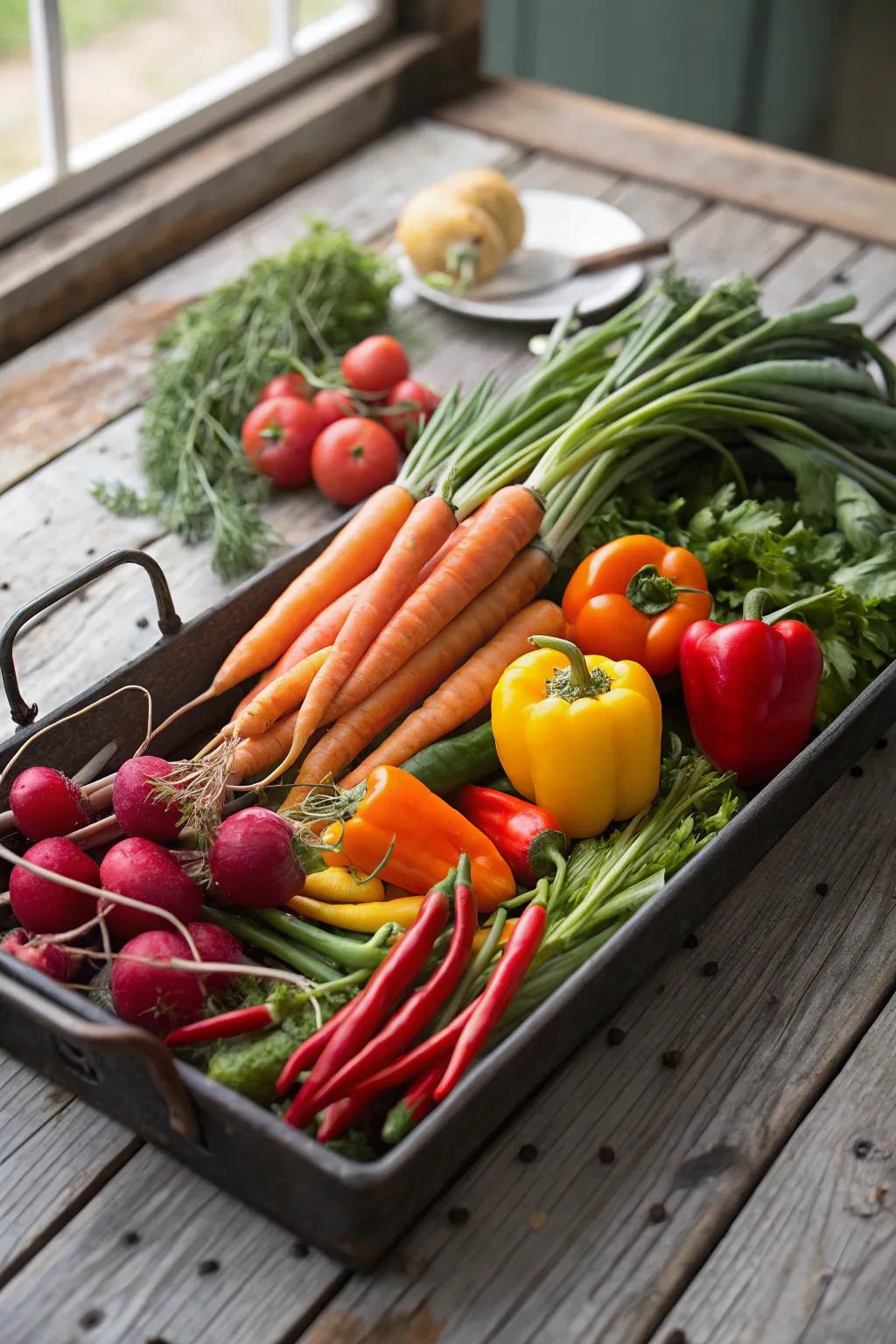 Vegetable display exhibiting fresh market produce.
