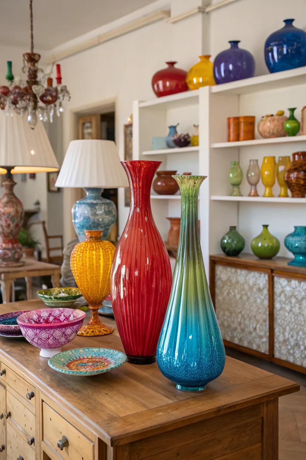 Murano glass accents add color and artistry to the room.