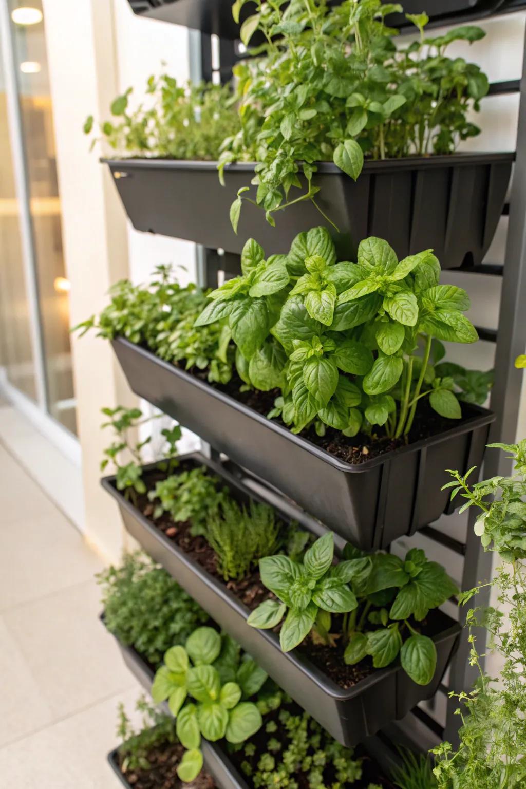 An upright garden filled with practical herbs like basil and mint.