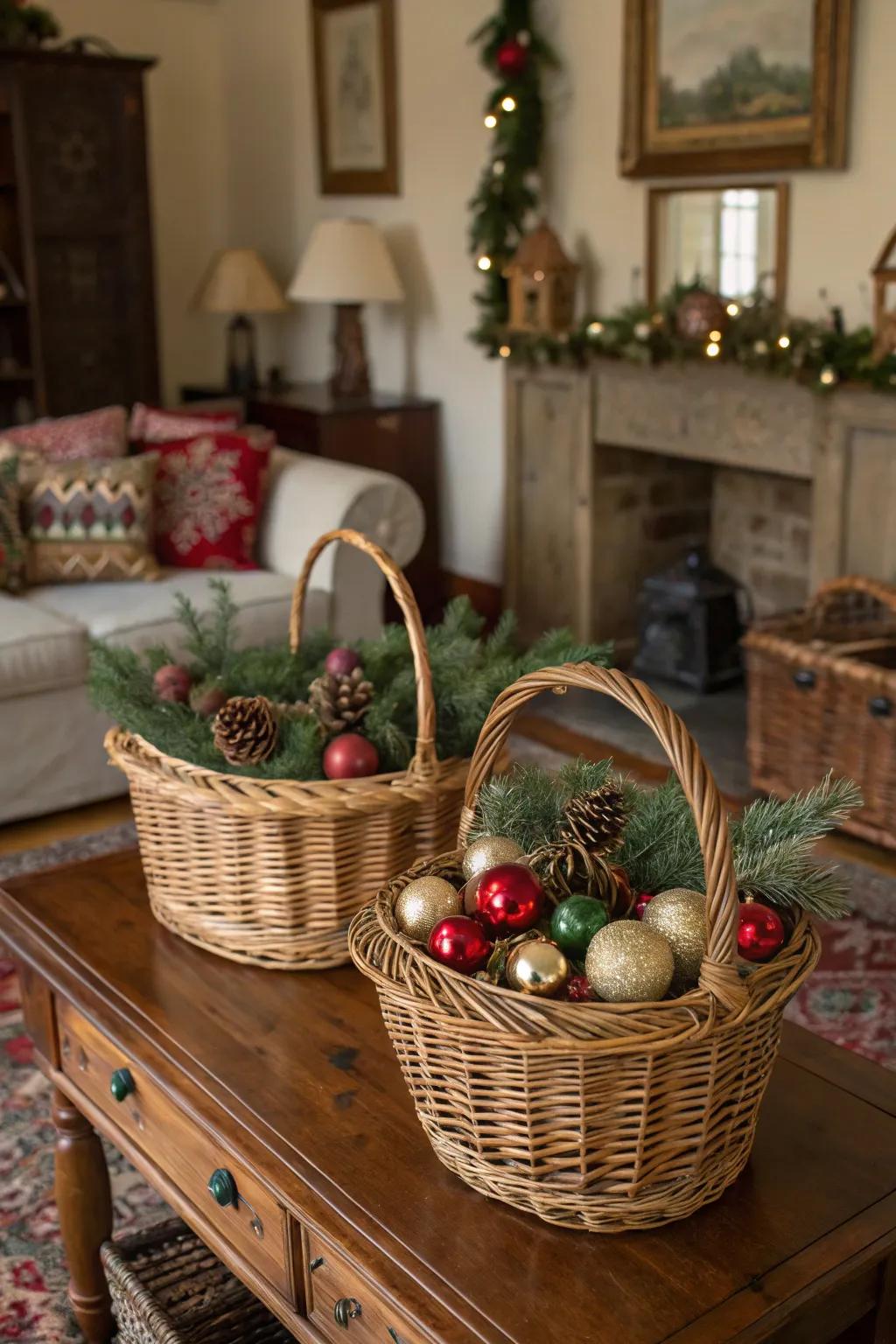 Wicker baskets add rustic charm to your holiday decorations.