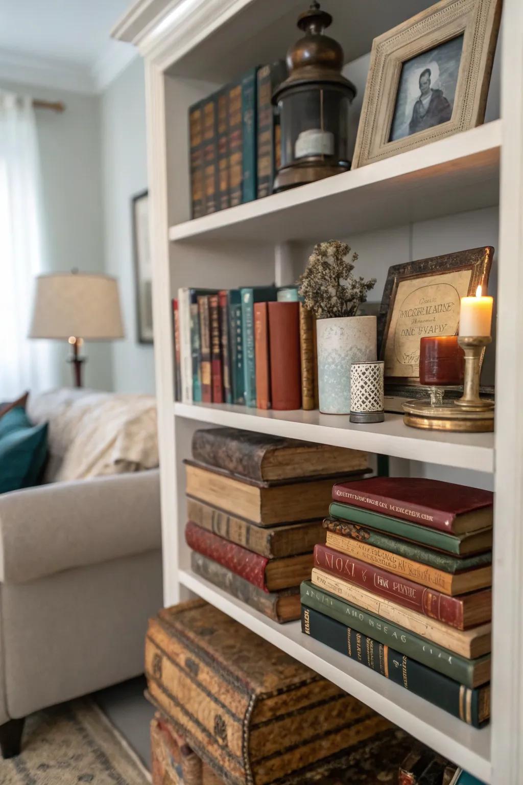 Piled classic tomes infuse literary charisma into the parlor shelf.