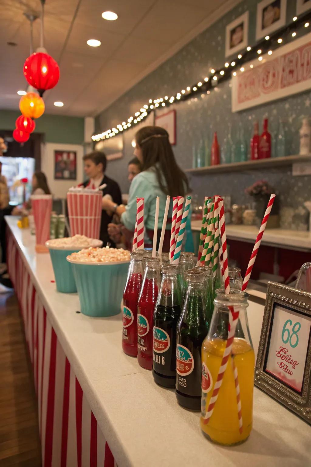 Attendees enjoying an old time drink station filled with retro flair.