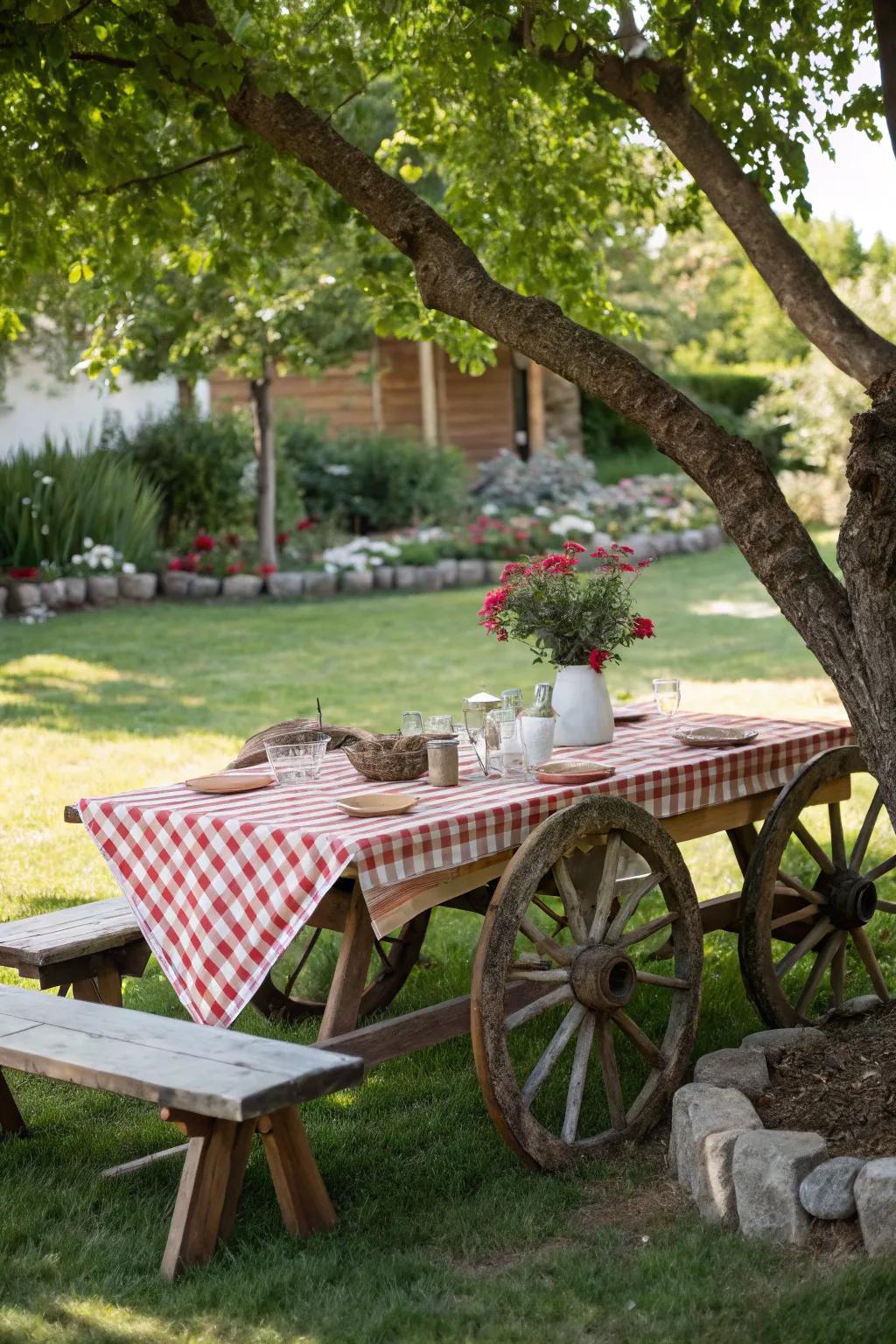 An outdoor picnic table featuring wagon wheels as its legs, offering rustic flair.