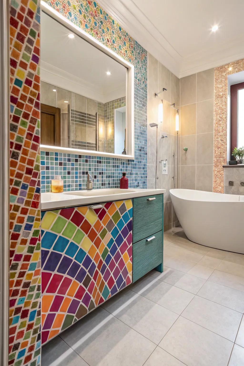Tiny glass pieces turn wainscoting into a masterpiece packed with color and innovation.