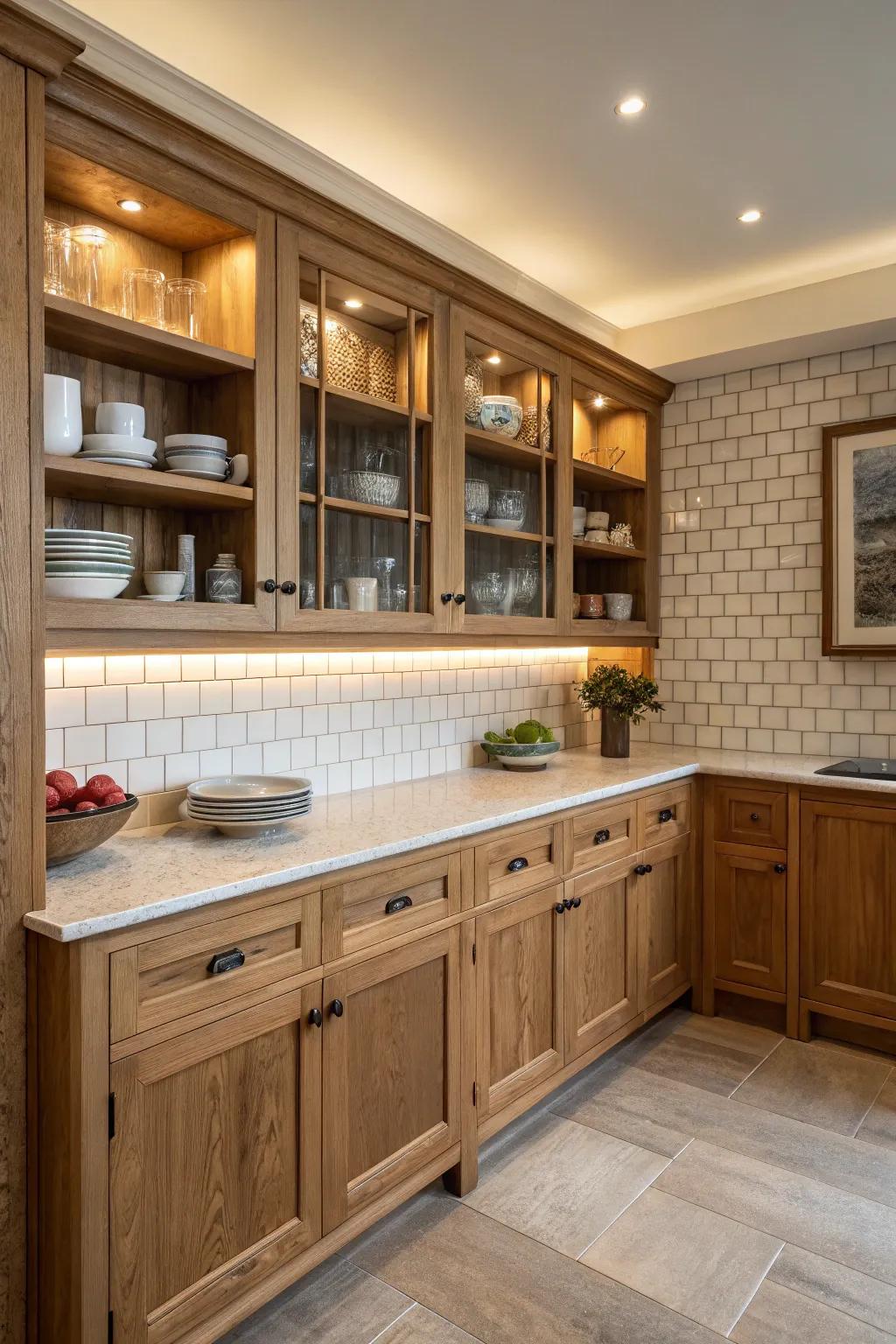 Maximize functionality with wainscoting shelves in your kitchen.