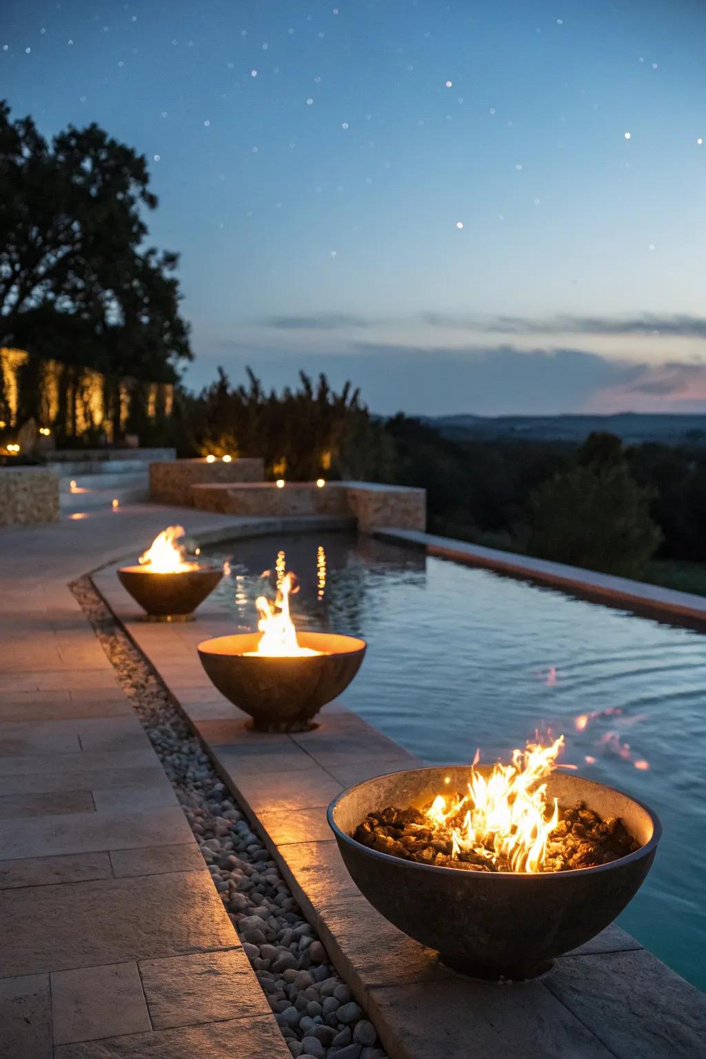 Fire elements introduce warmth and a dramatic flair to your pool area.