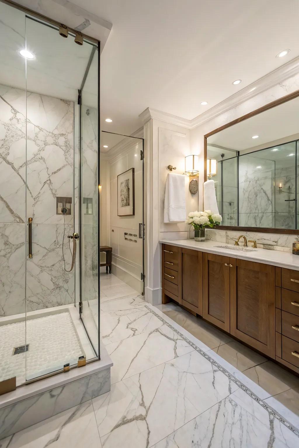 Marble tiles bring a luxurious and elegant feel to your shower.