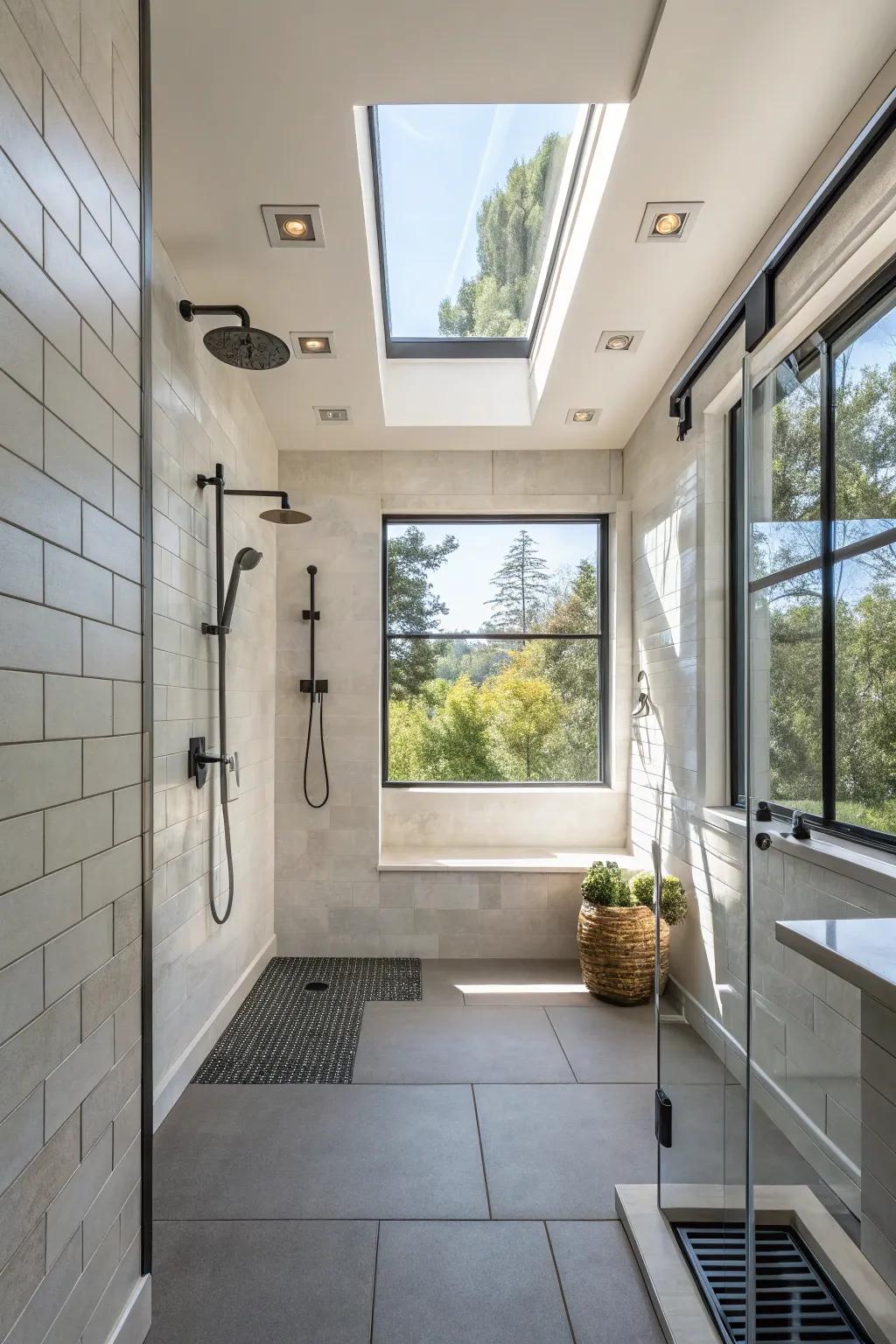 A high window above a walk-in shower, enabling light to pour in while ensuring privacy.