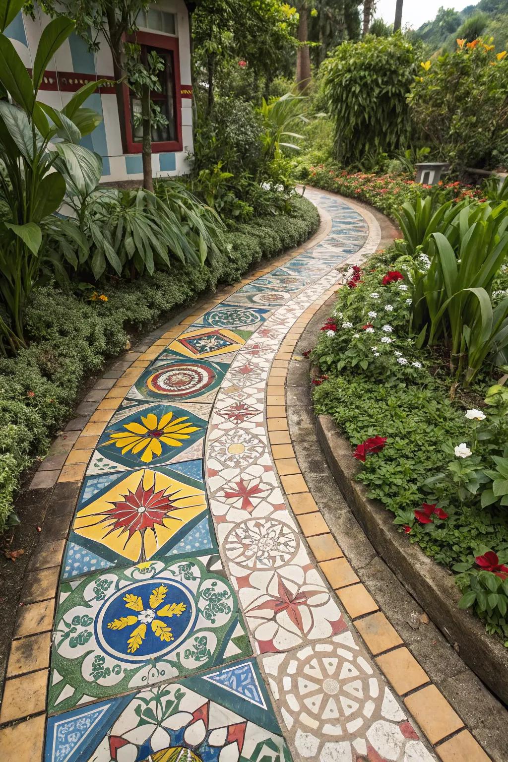 Mosaic tile paths infuse gardens with color and artistry.