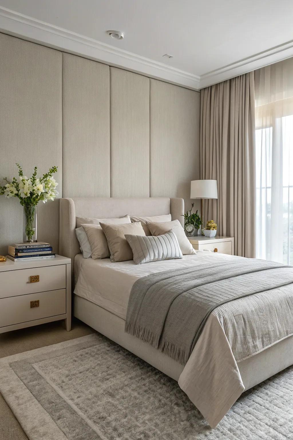 Muted tones fashion a calming and refined bedroom.