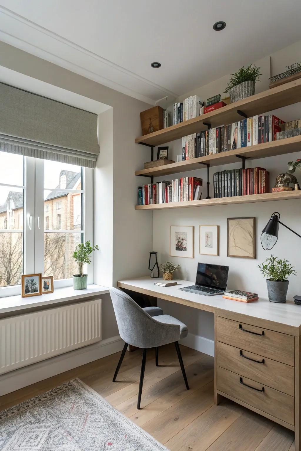 Floating shelves provide both style and functionality.