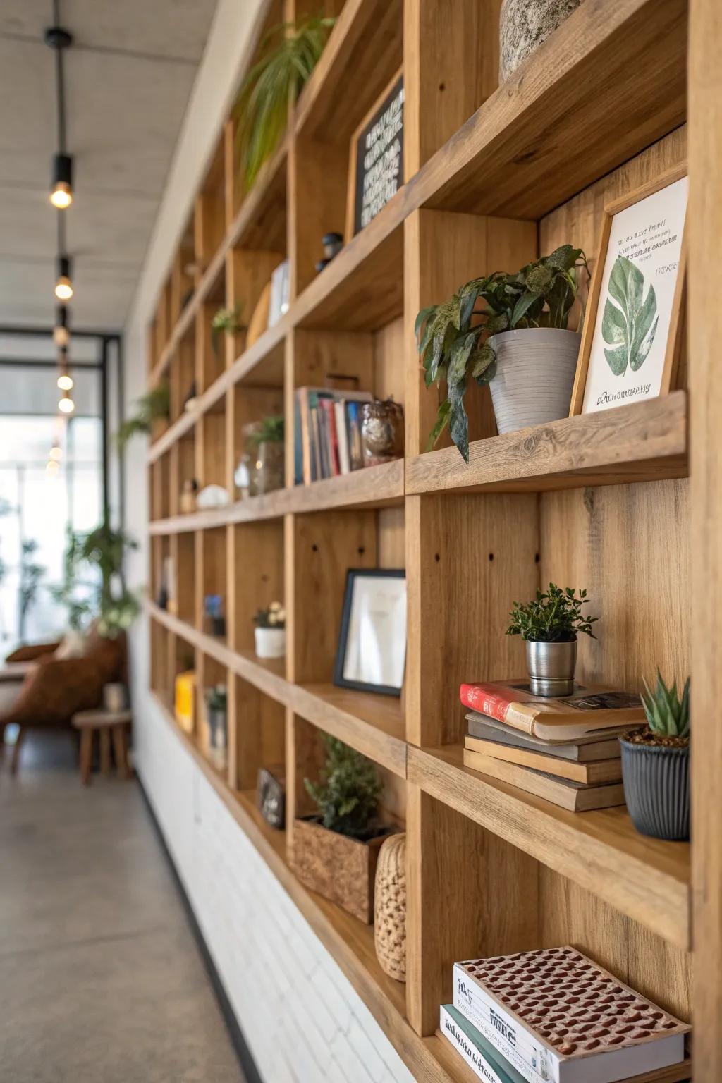 Merge functionality with aesthetics by incorporating wooden shelves.
