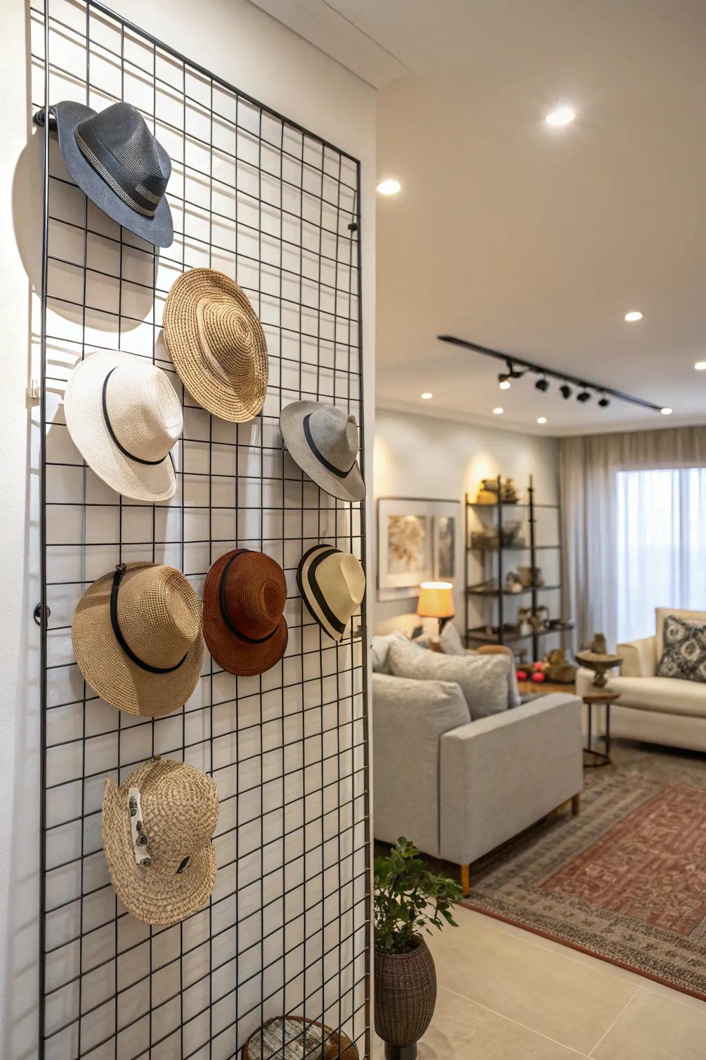An adaptable hat presentation featuring a wire-mesh grid