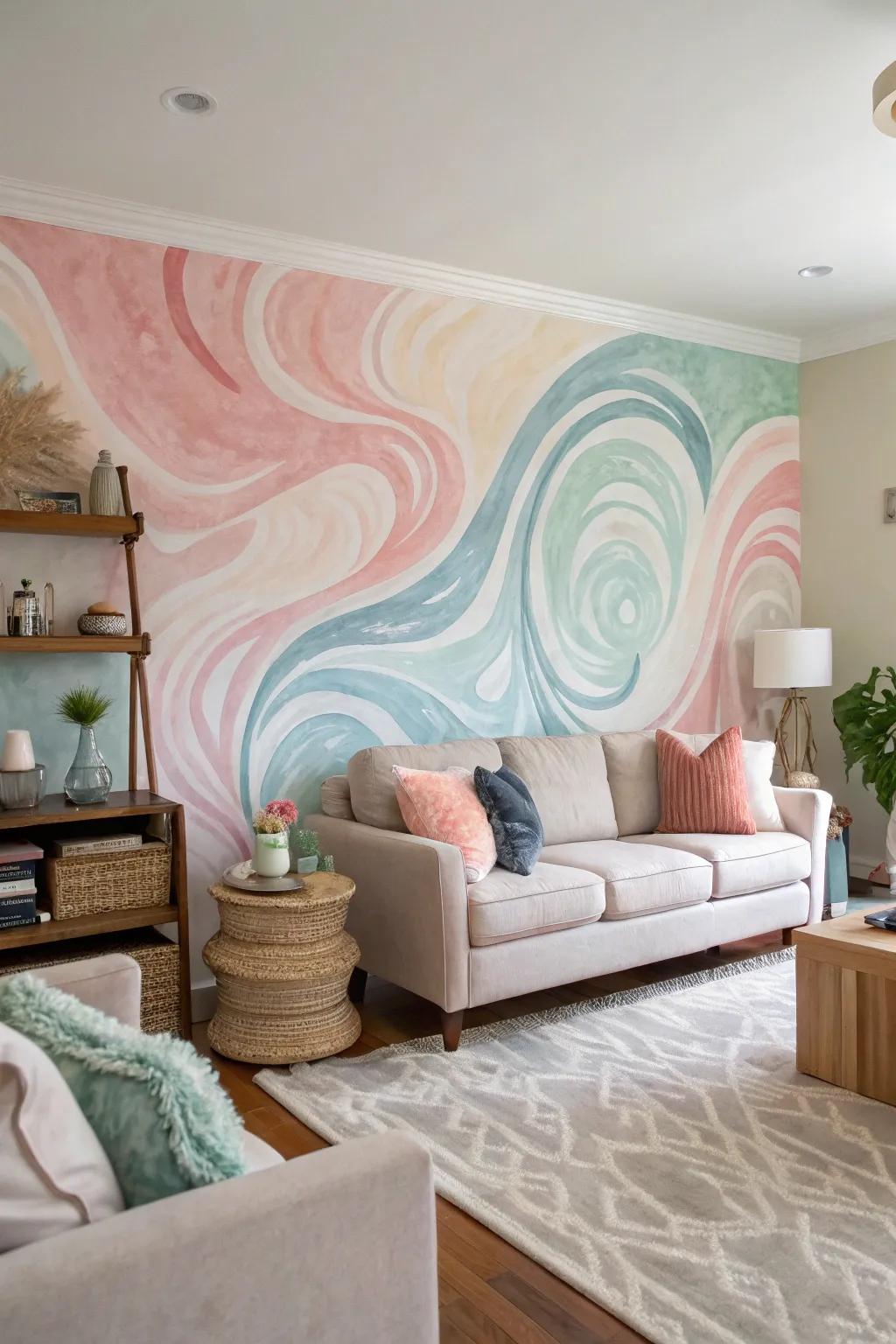 Cultivate a serene atmosphere through a whimsical tinted watercolor mural.