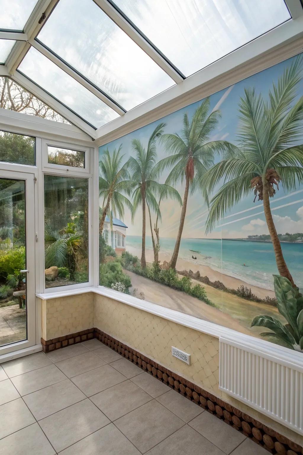 Set up a vacation vibe with a tropical mural in your sunroom.